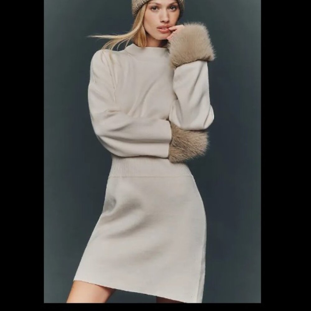 Anthropologie long-sleeve faux fur trim cuffs mini dress, cream, size 1X - Picture 3 of 10